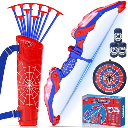 Lubolee Pfeil und Bogen Kinder Set mit LED Licht, Outdoor Spielzeug ab 3 4 5 6 7 8 9 10 11 12 Jahre Jungen, Outdoor Spiele für Kinder mit Bogen, Köcher, 10 Pfeilen, Hängeziel und 3 Schaumstoffzielen