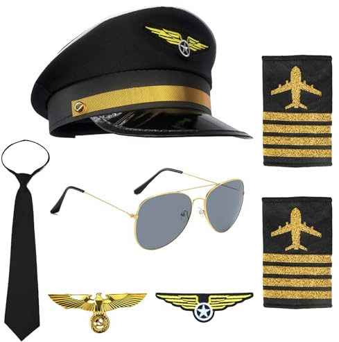 YOUYIKE Pilot Kapitän Kostüm Zubehör, 7 Stück Pilot Kostüm Kit mit Pilotenmütze, Schulterklappen Streifen, Abzeichen, Medaille, Sonnenbrille, Krawatte, für Erwachsene Männer Fasching Karneval Party