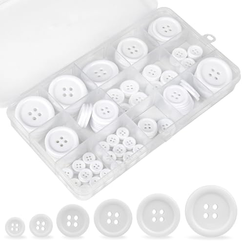 120 Stück Knöpfe Weiß, 4 Loch Harz Knopf mit 6 Größen, Rund Knöpfe zum Annähen mit Aufbewahrungsbox, Buttons Gemischte für Kleider Mantel Hemd Kleidung Nähen Handwerk