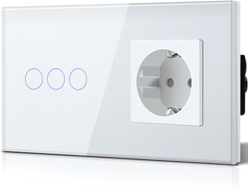 BSEED Touch Lichtschalter mit Steckdose aus Glas, Modern Steckdosen Unterputz, Wandschalter mit LED Hinterlicht (Kein Neutralleiter erforderlich), Kein WLAN, 157mm 3 Fach 1 Weg Weiß