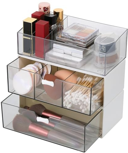 TranRantic 3 Stück Acryl Badezimmer Organizer Kosmetik Organizer Schubladen | Transparent, 1 Fach+3 Fächer+Lippenstiftfach, Schminktisch Organizer, Make Up Organizer für Kommode Bad