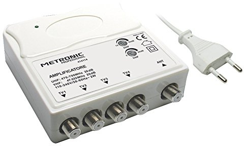 Metronic 414114 TV-Verstärker VHF/Uhf für Digital Terrestrisch mit LTE-Filter, VHF 20 dB und Uhf 28 dB, verstellbar, 1 Eingang / 4 Ausgänge, für den Innenbereich, Weiß