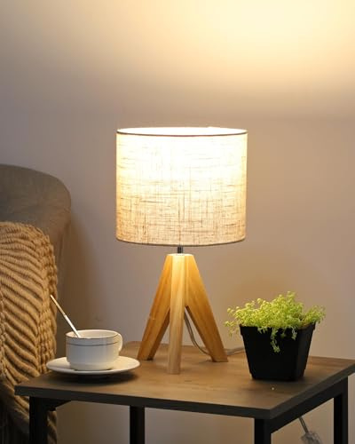 EDISHINE Nachttischlampe Holz, Lampenschirm aus Leinen, Modern | E27-Fassung, inkl. 4 W LED-Leuchtmittel, 2700 K, transparentes Kabel, für Schlafzimmer, Wohnzimmer und Nachttisch