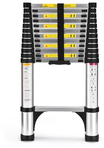 HBTower Teleskopleiter 3,8 m aus Aluminium, Klappbare Ausziehleiter mit Rutschfesten Füßen, Robust & Tragbar, Tragkraft 150 kg, Ideal für Dachrinnenreinigung & Außenreparaturen, Silber