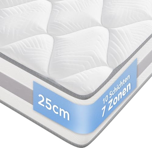INMOKO Matratze 180x200 cm, 10 Schichten, Taschenfederkernmatratze Härtegrad H3 und H4, Höhe 25 cm, 7 Zonen Matratze