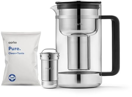 Aarke Purifier Large, Wasserfilterkanne aus Glas und Edelstahl, 1,7 l / 7 Tassen, inklusive Aarke Pure Filter-Nachfüllbeutel