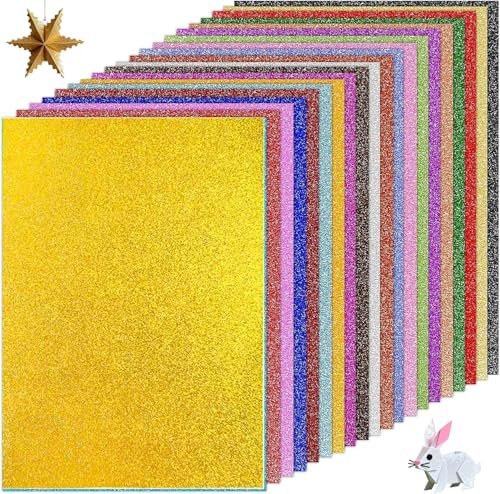 Glitzerpapier zum Basteln, 50 Blatt Buntes Glitzerpapier A4, 20 Farben Glitzer Papier, 250g/m² Bastelpapier Glitzer Glitzerkarton, Für Scrapbooking, Geburtstagsdeko, Grußkarten, 30 x 21 cm