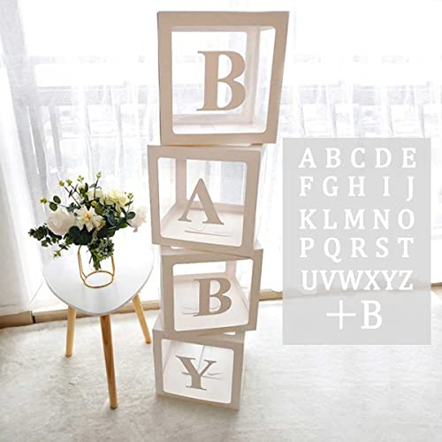 QIFU Babyparty Boxen Deko, 31 Stück Transparente Ballonbox + 27 Buchstaben | Baby Luftballons Box für Baby Shower, Babyparty Box Dekorationen Gender Reveal GRAD LOVE GIRL BOYS KIND ABIT LIEB STAR HOPE