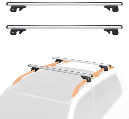 Amazon Basics Dachträger mit Querträger, 132 cm, für Spannweiten von bis zu 117 cm zwischen erhöhten Seitenschienen mit Spalt, 2er-Pack, Schwarz/Silber
