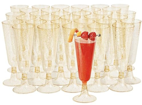 MATANA 50 Premium Sektgläser aus Kunststoff mit Goldglitter, 150ml – Wiederverwendbare Champagnergläser, Champagner Gläser für Cocktail, Dessert, Wein - Plastik Sektgläser für Hochzeit & Party