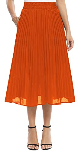 EXCHIC Damen Fließender Chiffon Elastisch Taille Midi Rock Freizeit A-Linie Knielange Falten Rock mit Tasche