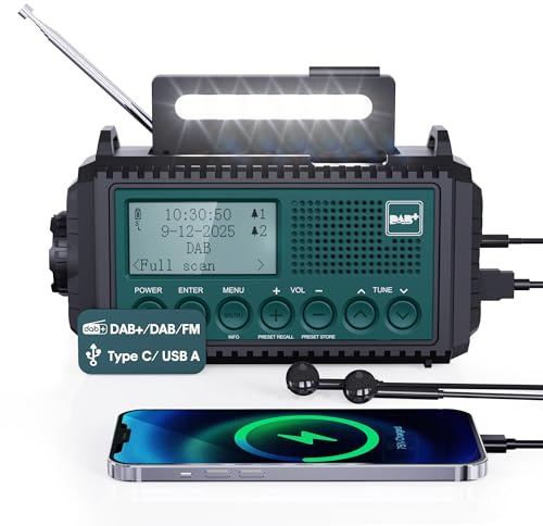Kurbelradio DAB+/DAB/UKW mit 5000mAh Akku Wiederaufladbare, Notfallradio mit Taschenlampe & Leselicht, Tragbare Camping Radio mit USB Handyladefunktion FM Dynamo, SOS-Alarm für Wandern, Outdoor