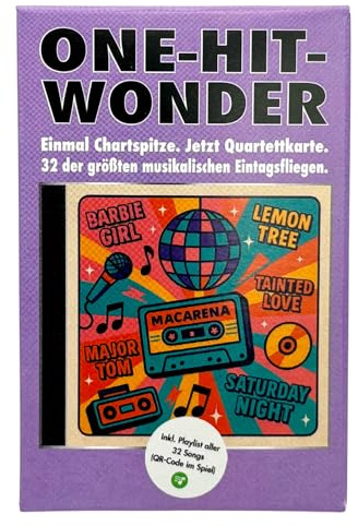 One-Hit-Wonder Quartett - Musik Kartenspiel inkl. Playlist-Link & Nostalgie pur | Geschenkidee für Musik-Fans | Einmal Chartspitze. Jetzt Quartettkarte. 32 der größten musikalischen Eintagsfliegen