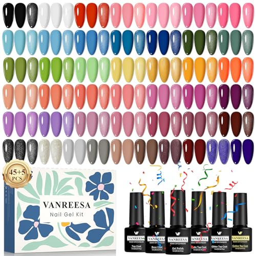 VANREESA U V Nagellack Set, 50 Stück Gel Nagellack Set mit Unterlack und Überlack 45 Farben Gelnägel Starterset Rosa Lila Schwarz Maniküre Kit Soak off Gel Nail Polish Geschenk für Frauen
