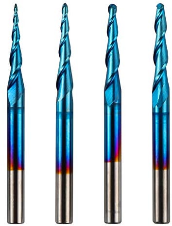 Genmitsu 4 Stück 2-Nuten- Kugelkopffräser mit konischer Spitze, Vollhartmetallfräser mit Nano Blue-Beschichtung, R0,25mm-1,0mm, 3,175mm (1/8 Zoll) Schaft, TB04A