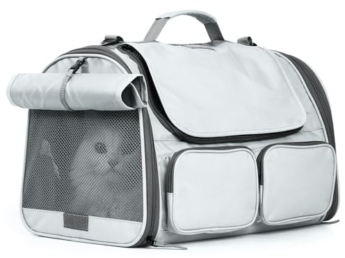 FUKUMARU Transportbox Katzen, Faltbare Tragetasche, Hundetasche mit Reisetasche, Transporttasche für Katzen/Hunde bis 22 kg, Hellgrau, groß