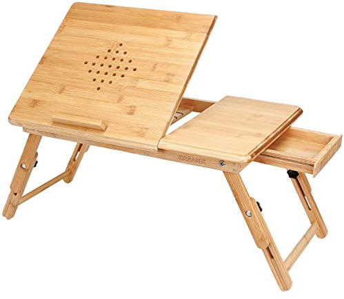 CASARIA® Laptoptisch Bambus Höhenverstellbar mit Schublade Belüftet Neigbar Faltbar Laptopständer Betttisch Bett Couch Sofa