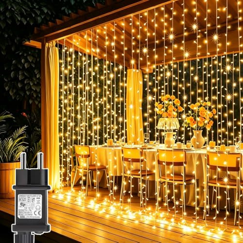 Joycome Lichtervorhang 3m x 3m 300 LED Lichterketten Vorhang mit Stecker | 8 Modi Wasserdicht Weihnachtsbeleuchtung für Balkon Party Pavillon Terrassen Hochzeitsdeko Weihnachtsdeko (Warmweiß)