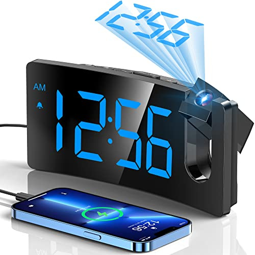 GOLOZA Projektionswecker Nachttisch, Digitaluhr mit 180° Projektor, 3-stufiger Helligkeitsdimmer, LED-Anzeige, USB-Ladegerät, progressive Lautstärke, 9 Minuten Schlummerfunktion, digitaler Wecker für
