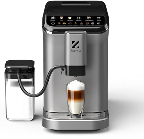 ZACHVO Kaffeevollautomat mit Milchbehälter, 20 Bar, 15-stufiges Mahlwerk, Touchscreen, PID-Temperaturkontrolle, Automatische Reinigung, 5 Getränke auf Knopfdruck – Latte, Cappuccino & mehr,Kompakt