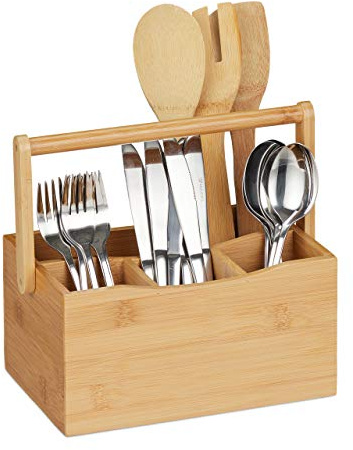 Relaxdays Besteckhalter Bambus, 4 Fächer, Henkel, Küchenutensilienhalter, Tischbutler für Besteck & Servietten, natur, 1 Stück