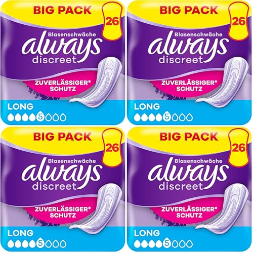 Always Discreet Inkontinenzeinlagen Für Frauen Long 26 Stück Rundumschutz Unglaubliche Diskretion (Packung mit 4)
