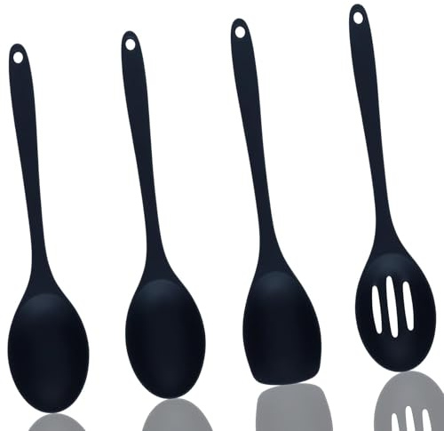 Küchenutensilien Set, 4 Stück Schwarze Silikonlöffel, Servierlöffel Silikon Kochlöffel Silikon Löffel Groß für Kochen Backen RüHren