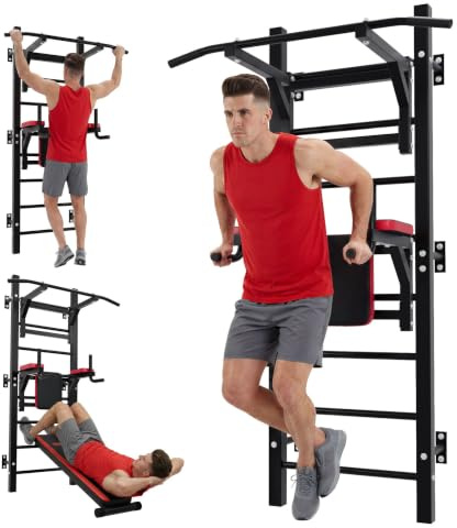 Hop-Sport Sprossenwand mit Klimmzugstange, Dip Station & Sit-Up-Bank | Wand Kraftstation für Zuhause | Calisthenics & Krafttraining | Max. Belastung 150 kg