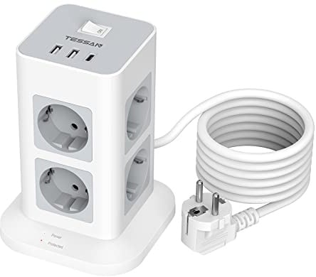 TESSAN Mehrfachsteckdose mit USB C, 8 Fach Verteilersteckdose mit Verlängerungskabel 2M, Steckdosenleiste Überspannungsschutz, 3 USB Mehrfachstecker 3600W, Steckerleiste für Zuhause, Grau