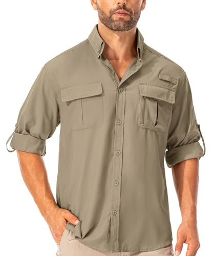 Asfixiado Hemd Herren Safari UPF50+ UV Schutz Wanderhemd Herren Langarm Funktionshemd Outdoorhemd Atmungsaktiv Schnelltrocknend Casual Button Down Shirts