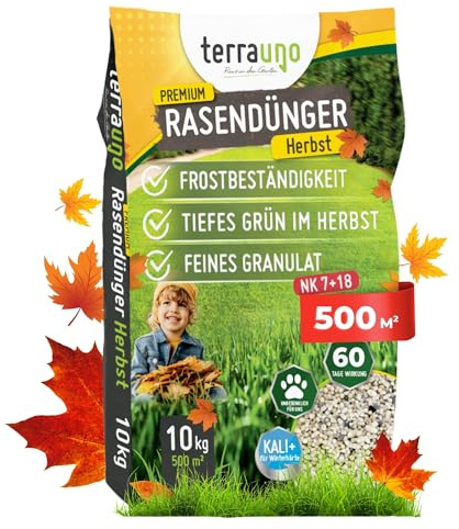TerraUno Premium Herbstdünger Rasen, gesunder Rasen verdrängt Moos & Unkraut, Rasendünger Herbst mit 60 Tage Langzeitwirkung, 10 kg für 500 m², Herbstrasendünger, Sofortwirkung, extra starkes Grün