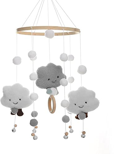 Baby Mobile mit Filzbällen, 3D Wolken Bettglocke für Babybett - Hängende Spiel Dekoration für Kinderzimmer und Kinder Bett Geschenke (Grau)