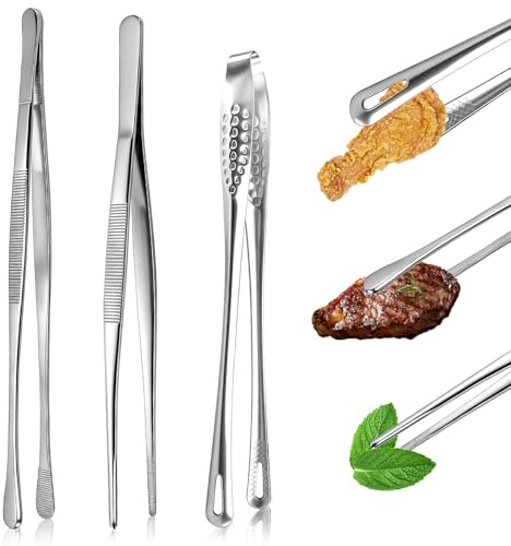 3 Stück Kochpinzette Edelstahl Professionelle Küchenpinzette Edelstahl Pinzette Küche mit gezackten Spitzen Zange Küche für Kochen Grillen Essen Servieren