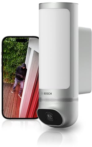 Bosch Smart Home Außenkamera II, Überwachungskamera Außen, 1080p Full-HD Auflösung mit integrierter Alarmsirene und Design-Leuchte, kompatibel mit Amazon Alexa, Silber