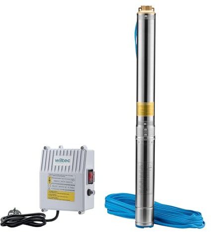 Wiltec 4 Tiefbrunnenpumpe 750 W, Wasserpumpe mit Fördermenge 6000 l/h, Tauchpumpe mit Eintauchtiefe max. 20 m und Förderhöhe max. 74 m