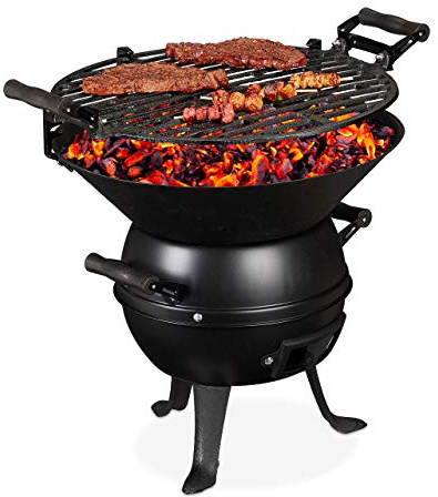 Relaxdays Grillfass, Gusseisen und Stahl, höhenverstellbar, tragbar, Barbecue Holzkohlegrill, Grillrost Ø 35 cm, schwarz, 39 x 46 x 36 cm