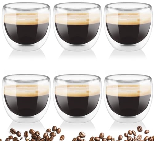 Mezzar Thermogläser Doppelwandig, 6 x 80ml Transparent Espressotassen, Doppelwandige Kaffeegläser aus Borosilikatglas für Latte Tee Matcha Cappuccino Milch
