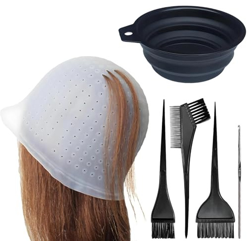 6 Stück Silikon Strähnchenhaube Set, Silikon Highlight Kappe, Haare Färben Zubehör mit Häkelnadel, mit Haarfärbe-Kammwerkzeuge und Haarfärbeschale, für Frauen und Mädchen Bläst, Rosa (Weiß)