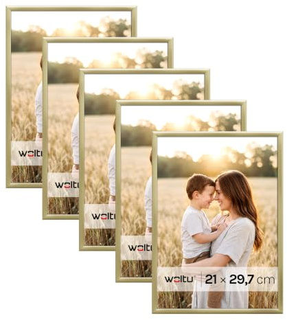 WOLTU Bilderrahmen A4, 5er set, Kunststoff Fotorahmen mit Passepartout | Gold, Posterrahmen New Lifestyle für Poster, Fotos, bruchsichere PS-Platte, aufhängbar u. aufstellbar, Collage-Wanddeko