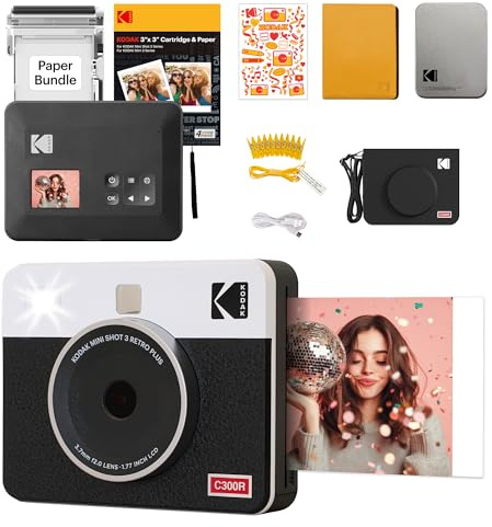 Kodak Mini Shot 3 Retro 4PASS 2-in-1 Sofortbildkamera und tragbarer Fotodrucker (7,6 x 7,6 cm) + Zubehörpaket mit 68 Blatt, Weiß