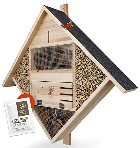 wildtier herz I Profi Insektenhotel XXL - 85 x 82 cm Insektenhaus aus verschraubtem Massiv-Holz - Handarbeit mit Lockstoff Wild-Bienen Schmetterlinge & Co