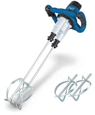 Scheppach Doppel Rührwerk PM1800D | 1800W | Stablänge: 570mm / Rührkorb-Ø: 110mm | Drehzahlregulierung in zwei Stufen | 2-Gang-Getriebe | Handrührwerk | Farb & Mörtelrührwerk | Farbrüher