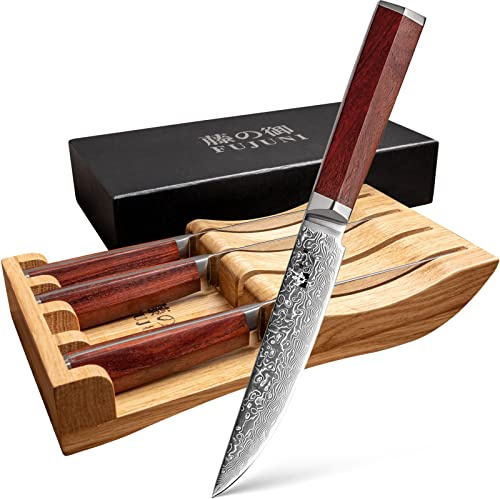 FUJUNI Steakmesser Set 4teilig, 4er Damast Steakmesser-Set Mit Extrem Scharf 12.5cm Klinge Aus 67 Lagen VG-10 Damaststahl steakmesser mit Holz Messerblock, Holzgriff, Geschenkbox