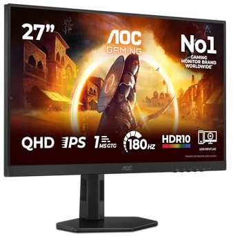 AOC Q27G4XF 27 Zoll WQHD Gaming Monitor, 180Hz, Fast IPS Panel, 1ms GtG, HDR10, G-Sync Compatible, Höhenverstellung,(2560x1440 HDMI 1x 2.0 DP 1x 1.4) Schwarz