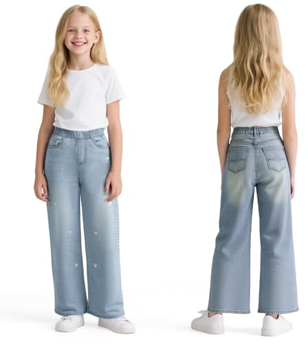 Baogaier Mädchen Jeans Wide Leg Denim Hosen Kinder Baggy Jeanshosen Lässige Weich Elastischer Bund Streetwear mit Taschen Loose Fit Jean Hose, Gr.122, für 6-7 Jahre, 130, Blau Herz