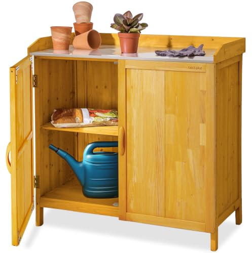 tectake® Pflanztisch Outdoor, Balkontisch mit Unterschrank aus Holz, 98 x 48 x 95 cm, Gartenschrank, Balkonschrank mit verzinkter Arbeitsplatte, Aufbewahrungsschrank für Garten mit 2 Regalböden