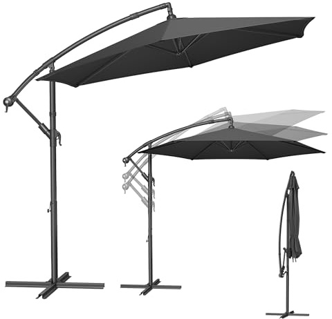 SONGMICS Sonnenschirm, Ampelschirm 300 cm d, mit Ständer, Sonnenschutz Balkon, Balkonschirm, UV-Schutz UPF 50+, mit Kurbel zum Öffnen und Schließen, Terrasse, Garten, grau GPU116G01