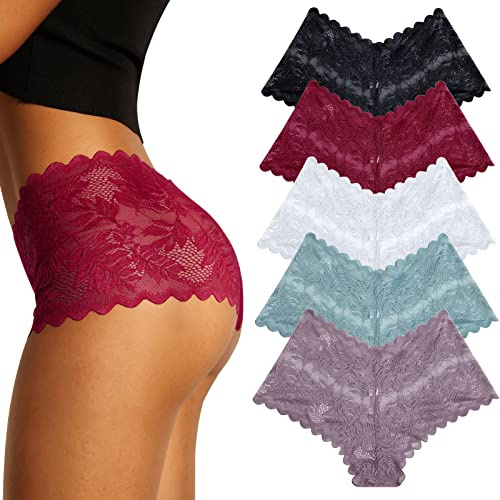 FINETOO 5er Pack Unterhosen Damen Spitze Sexy Unterwäsche für Frau Weiche und Bequem Slip Boxershorts Hipster Panties Dessous Mehrpack S-XXL