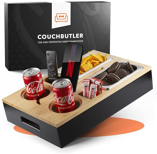 Bambus Couch Bar – Personalisierte Snack-Box mit | Sofatray mit 2 Snack-Schüsseln, 2 Getränkehaltern mit Untersetzer, Magnetdeckel & Smartphone-Halter, ohne Gravur