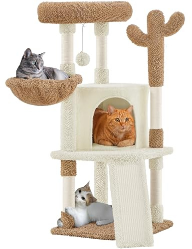 Yaheetech Kratzbaum Kaktus Höhe 106,5 cm, Stabiler Katzenbaum Kletterbaum mit Aussichtsplattform Katzenhöhle Liegemulde Sisalstämme Beige & Braun